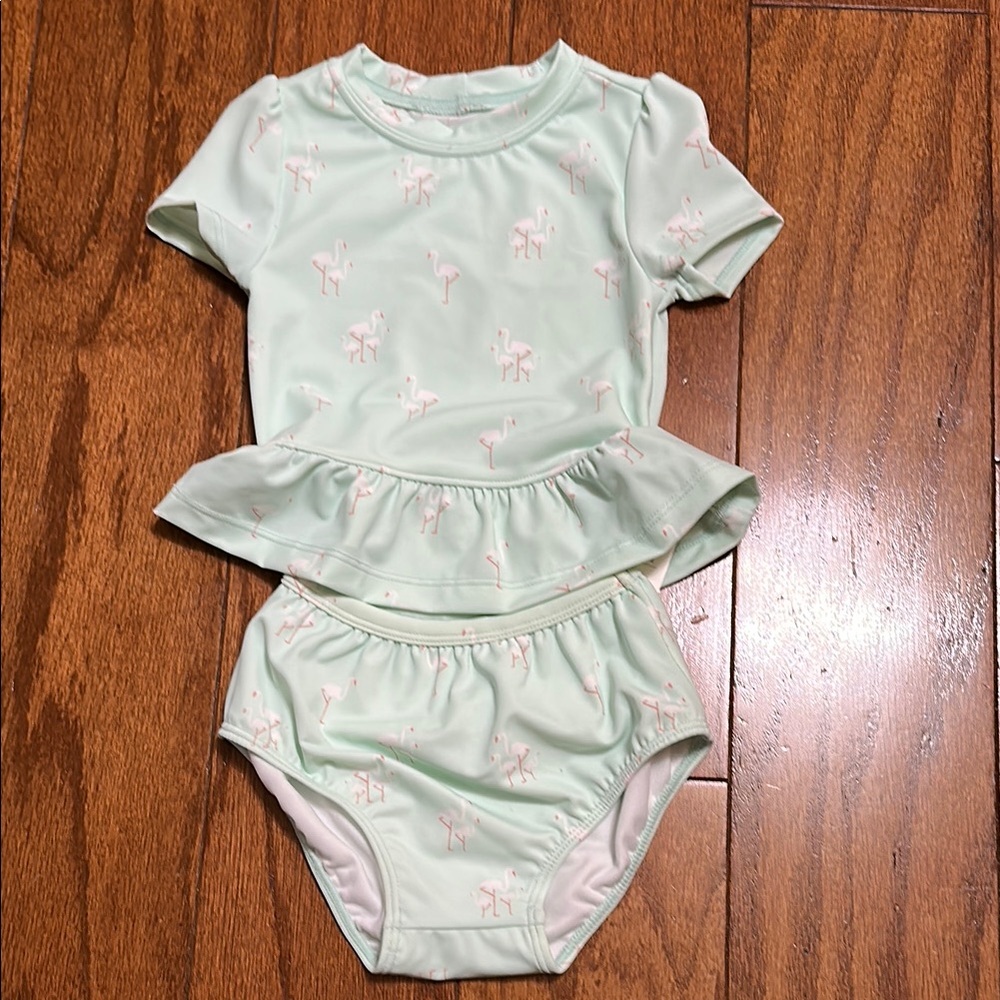 Janie and Jack Mint Green Flamingo Print Baby rash guard Swimsuit